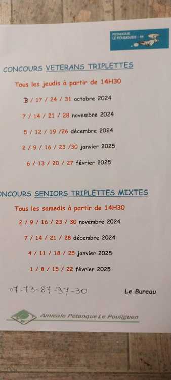 Concours en Triplette le 21 novembre 2024 - Le Pouliguen - 44510