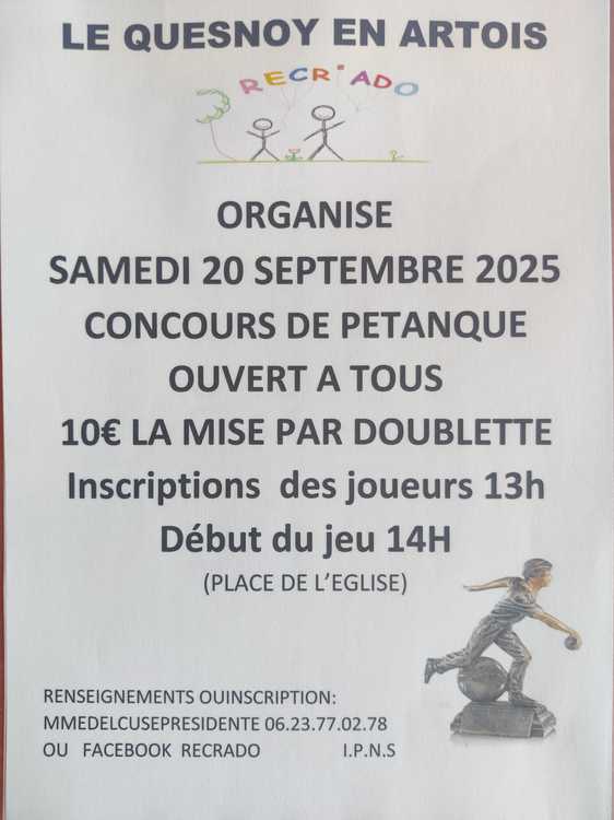 Concours en Doublette le 20 septembre 2025 - Le Quesnoy-en-Artois - 62140