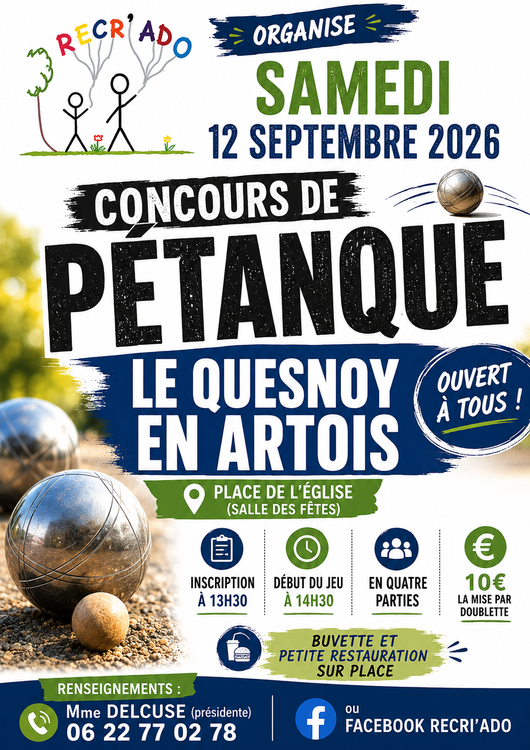 Concours en Doublette le 12 septembre 2026 - Le Quesnoy-en-Artois - 62140