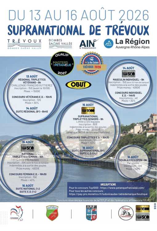 Photo du concours national de pétanque et jeu provençal National TOP 1000 et + à Trevoux (01) en Triplette du 15/08/2026 - Jet du but à 09H00