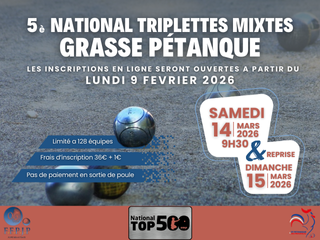 Photo du concours national de pétanque et jeu provençal National TOP 500 à Grasse (06) en Triplette Mixte du 14/03/2026 - Jet du but à 09H30