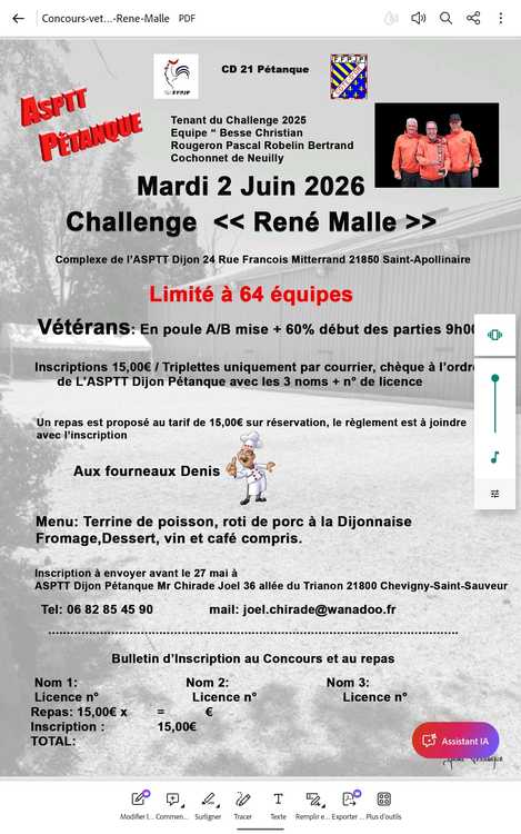 Concours en Triplette le 2 juin 2026 - Lieu à définir (21) - 00000