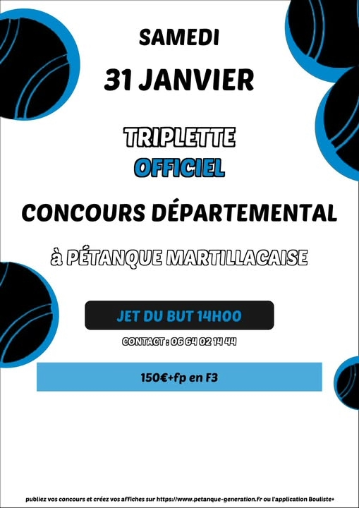 Concours en Triplette le 31 janvier 2026 - Lieu à définir (33) - 00000