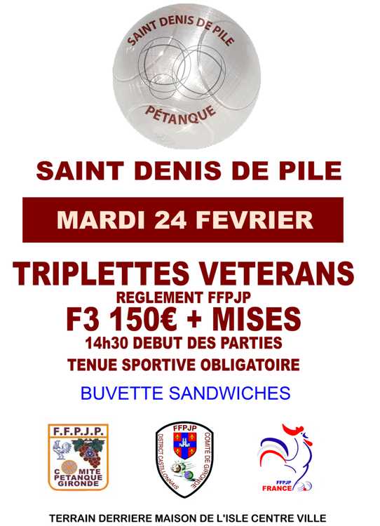 Concours en Triplette le 24 février 2026 - Lieu à définir (33) - 00000