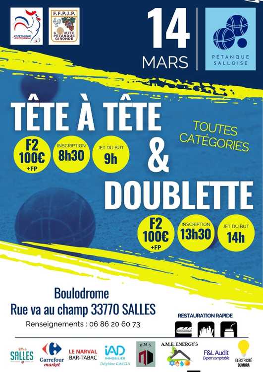 Concours en Tête à tête le 14 mars 2026 - Lieu à définir (33) - 00000
