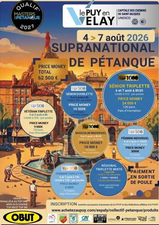 Photo du concours national de pétanque et jeu provençal National TOP 500 à Le Puy En Velay (43) en Tête à tête du 05/08/2026 - Jet du but à 10H30