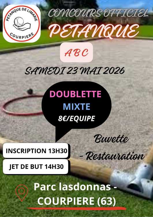 Concours en Doublette Mixte le 23 mai 2026 - Lieu à définir (63) - 00000