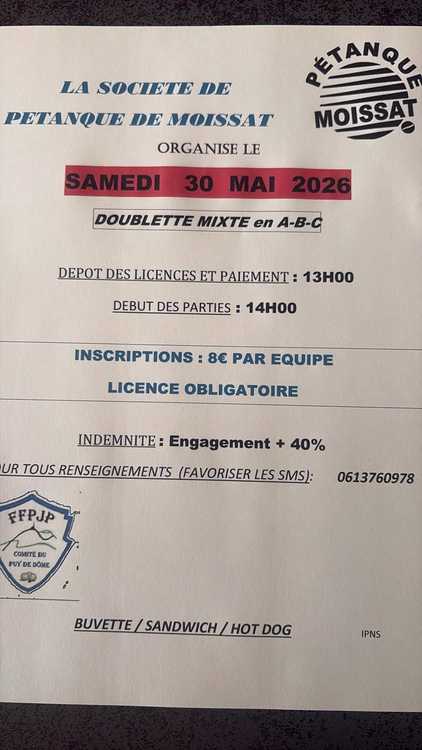 Concours en Doublette Mixte le 30 mai 2026 - Lieu à définir (63) - 00000