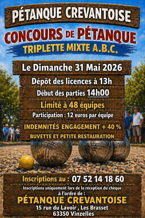 Concours en Triplette Mixte le 31 mai 2026 - Lieu à définir (63) - 00000
