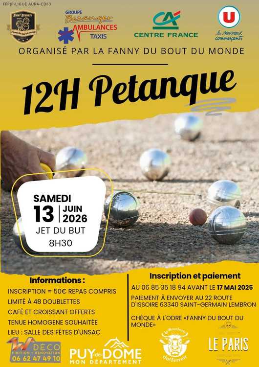 Concours en Doublette le 13 juin 2026 - Lieu à définir (63) - 00000
