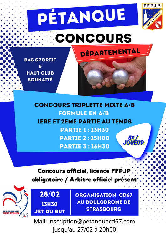 Concours en Triplette Mixte le 28 février 2026 - Lieu à définir (67) - 00000