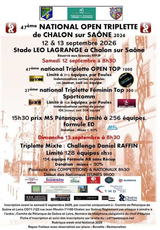 Concours en Triplette le 12 septembre 2026 - Lieu à définir (71) - 00000