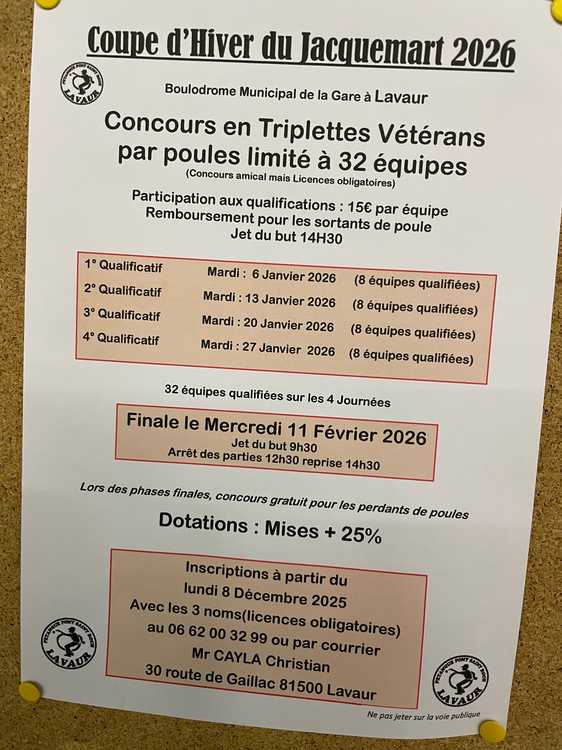 Concours en Triplette le 6 janvier 2026 - Lieu à définir (81) - 00000