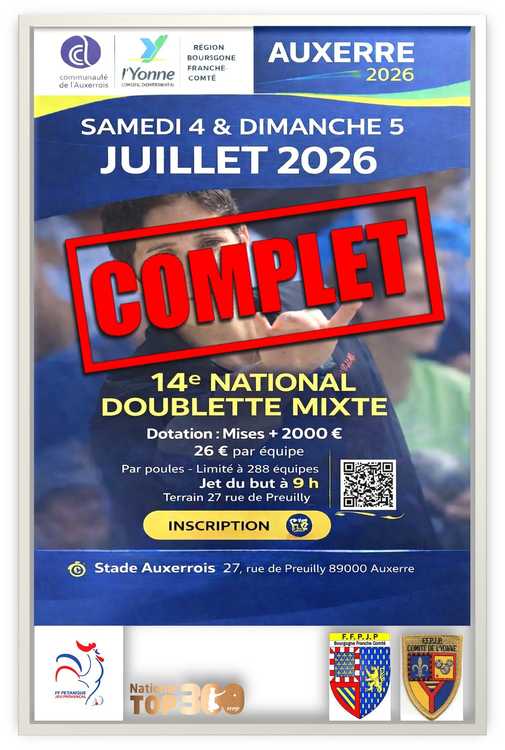 Photo du concours national de pétanque et jeu provençal National TOP 300 à Auxerre (89) en Doublette Mixte du 04/07/2026 - Jet du but à 09H00