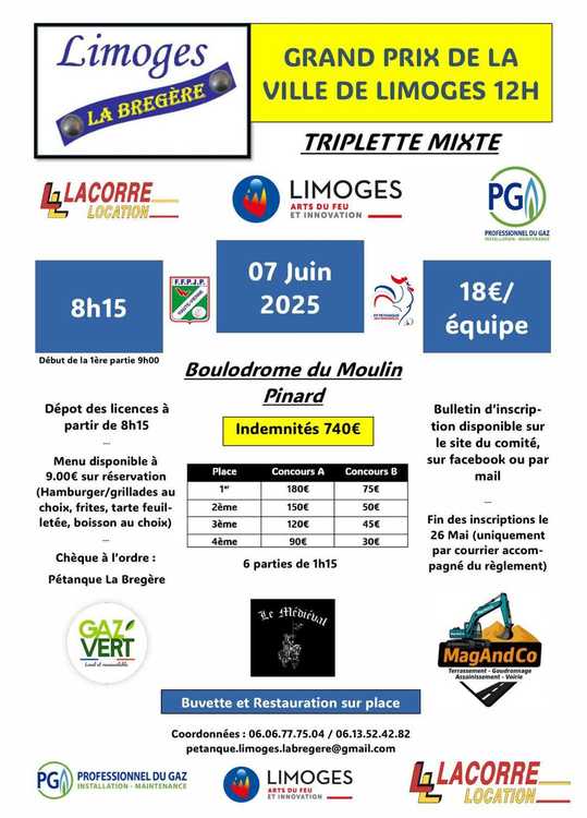 Concours en Triplette Mixte le 7 juin 2025 - Limoges - 87000