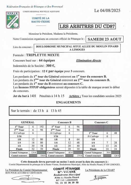 Concours en Triplette Mixte le 23 août 2025 - Limoges - 87000