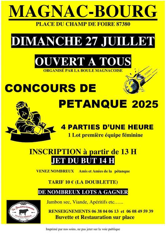 Concours en Doublette le 27 juillet 2025 - Magnac-Bourg - 87380