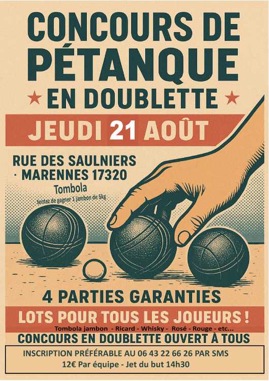 Concours en Doublette le 21 août 2025 - Marennes - 17320