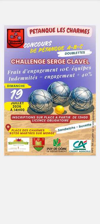 Concours en Doublette le 19 juillet 2026 - Lieu à définir (63) - 00000