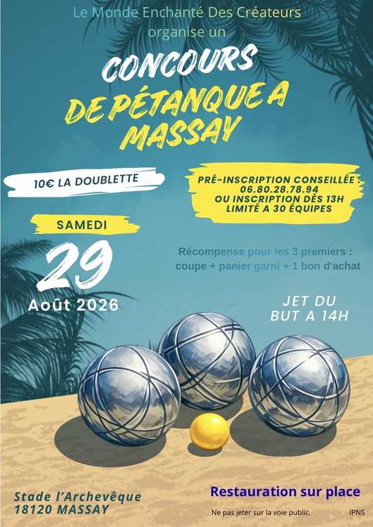 Concours en Doublette le 29 août 2026 - Massay - 18120