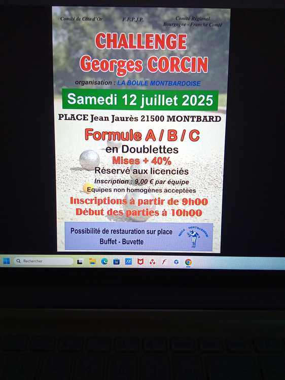 Concours en Doublette le 12 juillet 2025 - Montbard - 21500