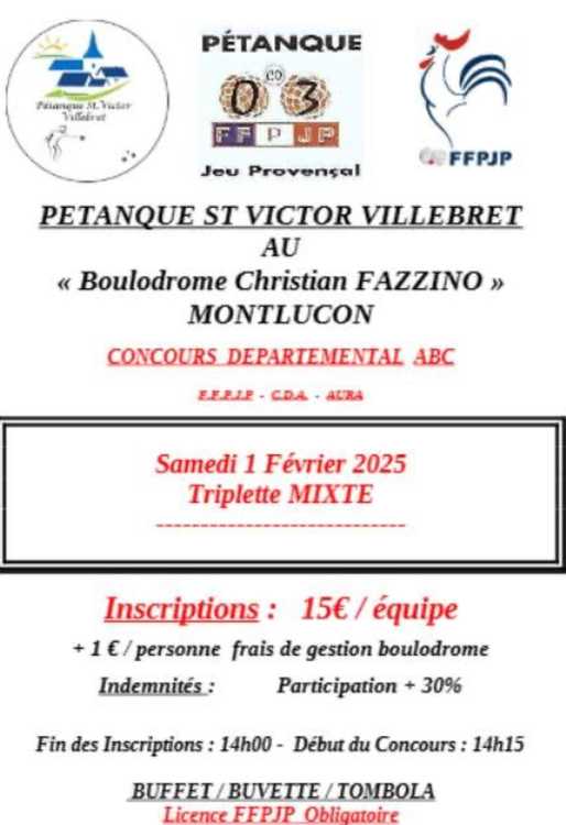 Concours en Triplette Mixte le 1 février 2025 - Montluçon - 03100