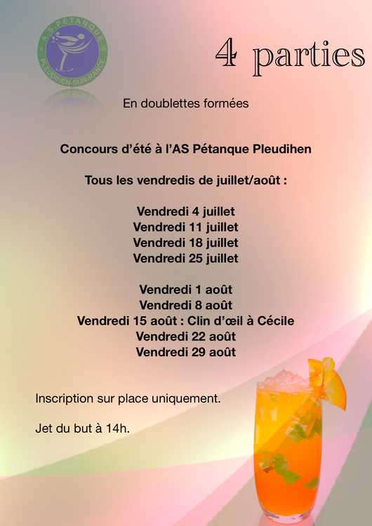 Concours en Doublette le 4 juillet 2025 - Pleudihen-sur-Rance - 22690
