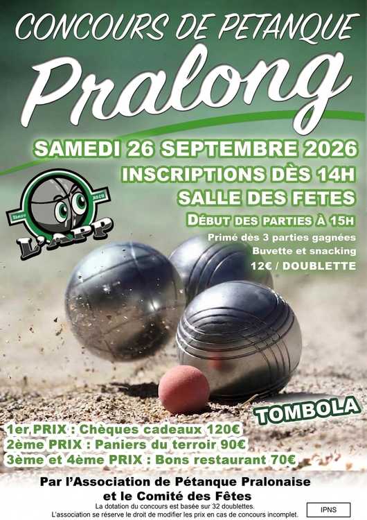 Concours en Doublette le 26 septembre 2026 - Pralong - 42600