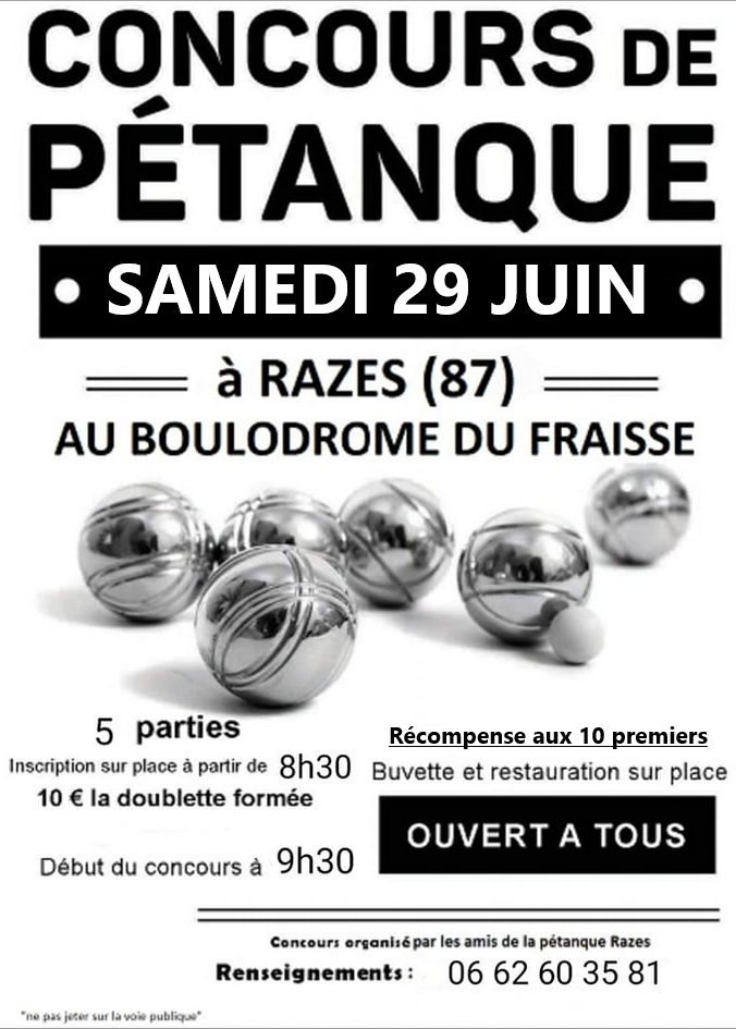 Concours en Doublette le 29 juin 2024 - Razès - 87640