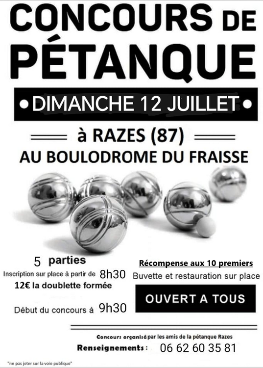 Concours en Doublette le 12 juillet 2026 - Razès - 87640