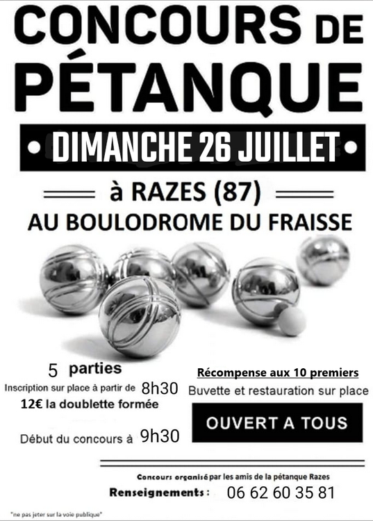 Concours en Doublette le 26 juillet 2026 - Razès - 87640