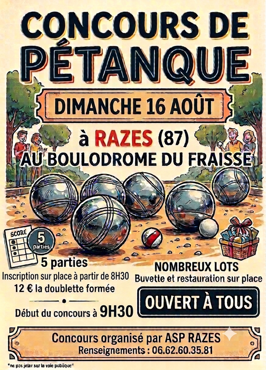 Concours en Doublette le 16 août 2026 - Razès - 87640