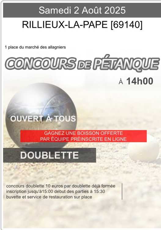 Concours en Doublette le 2 août 2025 - Rillieux-la-Pape - 69140