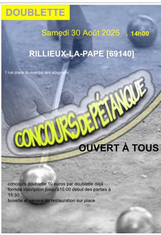 Concours en Doublette le 30 août 2025 - Rillieux-la-Pape - 69140