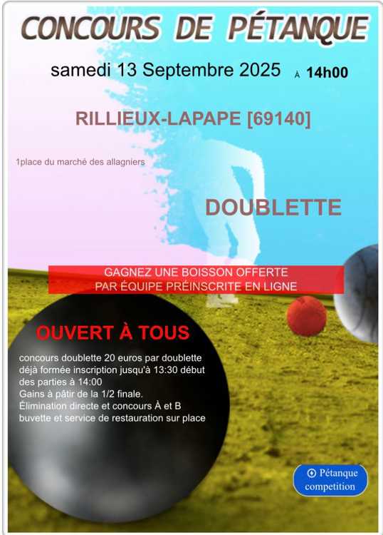Concours en Doublette le 13 septembre 2025 - Rillieux-la-Pape - 69140
