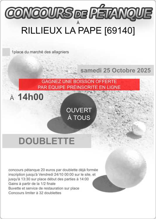 Concours en Doublette le 25 octobre 2025 - Rillieux-la-Pape - 69140