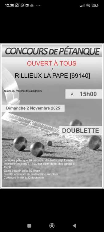 Concours en Doublette le 2 novembre 2025 - Rillieux-la-Pape - 69140