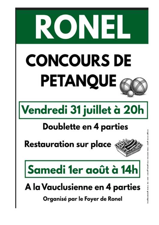 Concours en Doublette le 31 juillet 2026 - Ronel - 81120