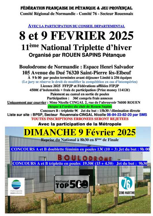 Concours en Triplette le 8 février 2025 - Rouen - 76000