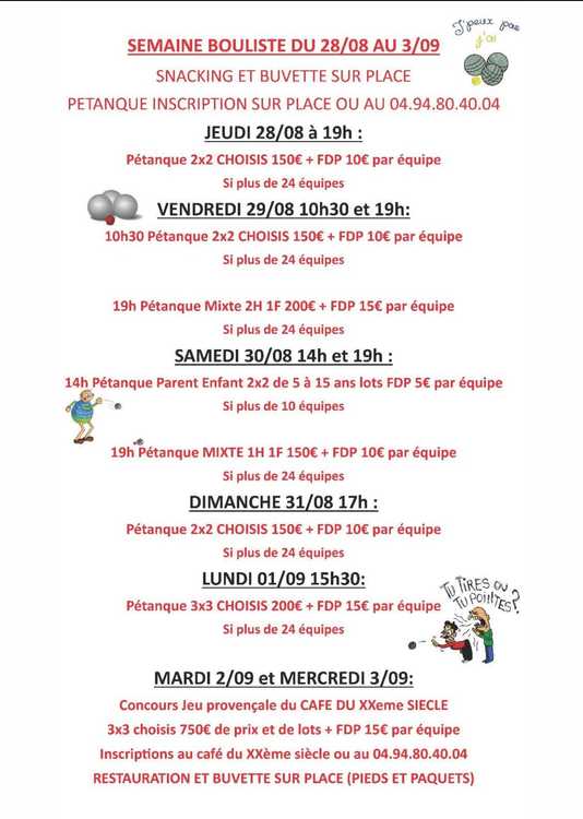 Concours en Doublette le 29 août 2025 - Rougiers - 83170