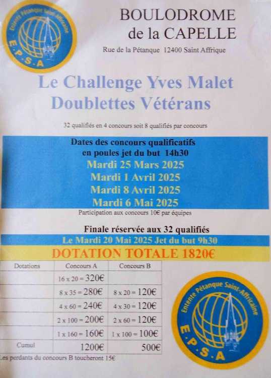 Concours en Doublette le 25 mars 2025 - Saint-Affrique - 12400