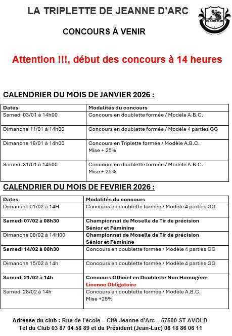Concours en Triplette le 18 janvier 2026 - Saint-Avold - 57500