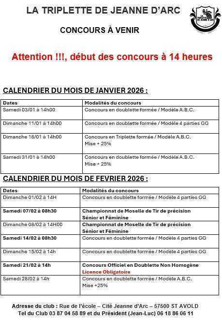 Concours en Doublette le 31 janvier 2026 - Saint-Avold - 57500
