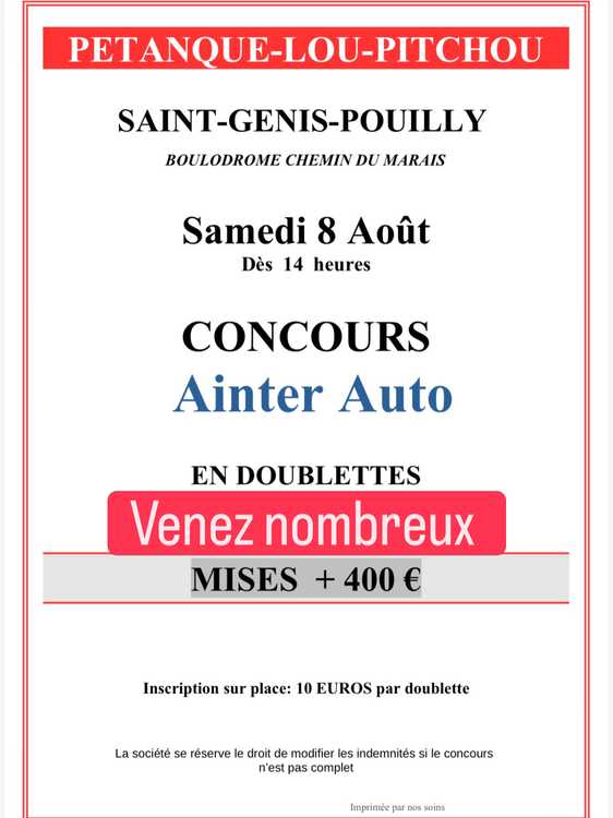 Concours en Doublette le 8 août 2026 - Saint-Genis-Pouilly - 01630