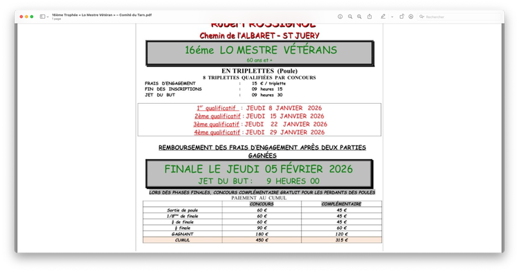 Concours en Triplette le 8 janvier 2026 - Saint-Juéry - 81160