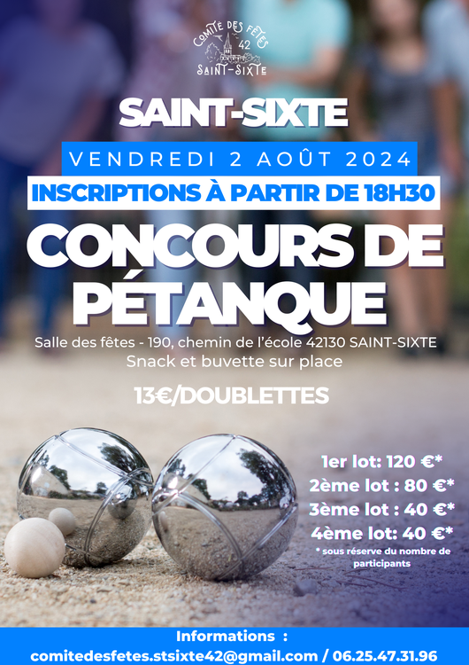 Concours en Doublette le 2 août 2024 - Saint-Sixte - 42130