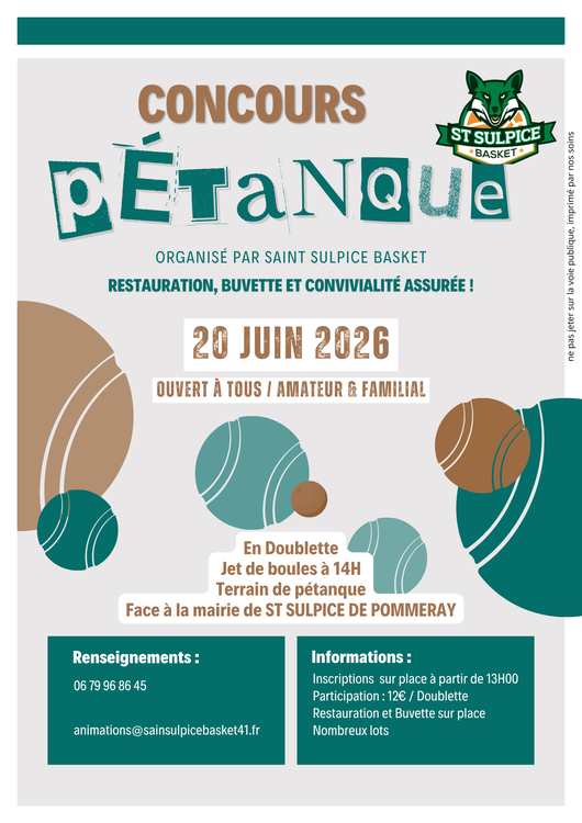 Concours en Doublette le 20 juin 2026 - Saint-Sulpice-de-Pommeray - 41000