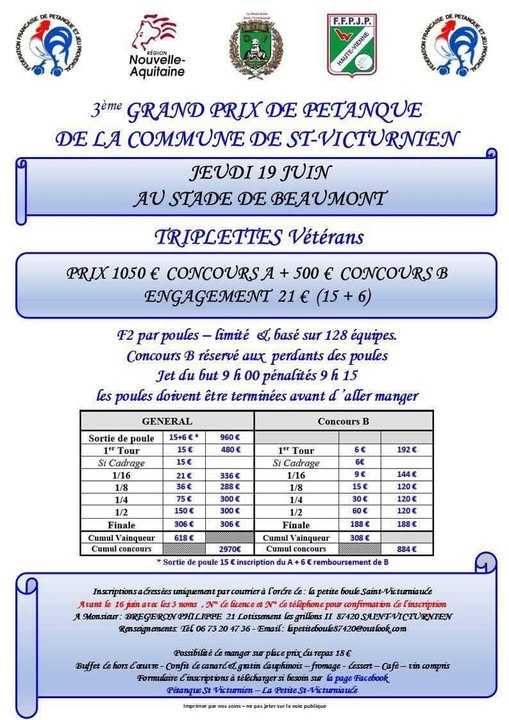 Concours en Triplette le 19 juin 2025 - Saint-Victurnien - 87420
