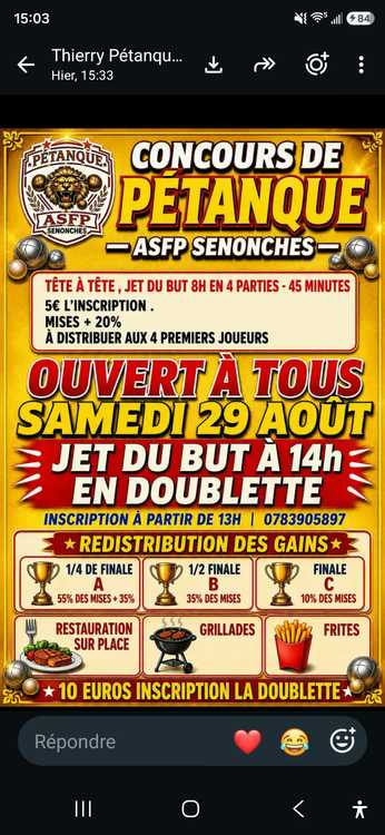 Concours en Doublette le 29 août 2026 - Senonches - 28250