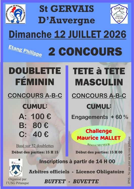 Concours en Doublette le 12 juillet 2026 - Lieu à définir (63) - 00000